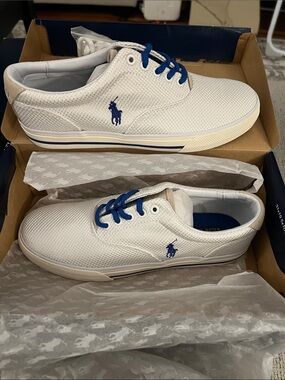 Polo by Ralph Lauren Men's dotted White mesh Sneakers with Blue Logo